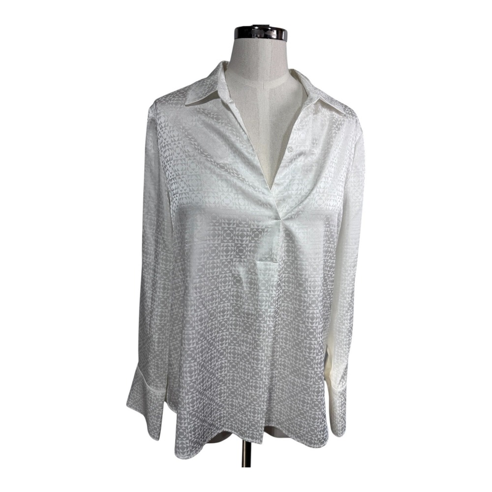 Vince Camuto Satin Jacquard Blouse White Collared V-Neck Long Sleeve Women Small